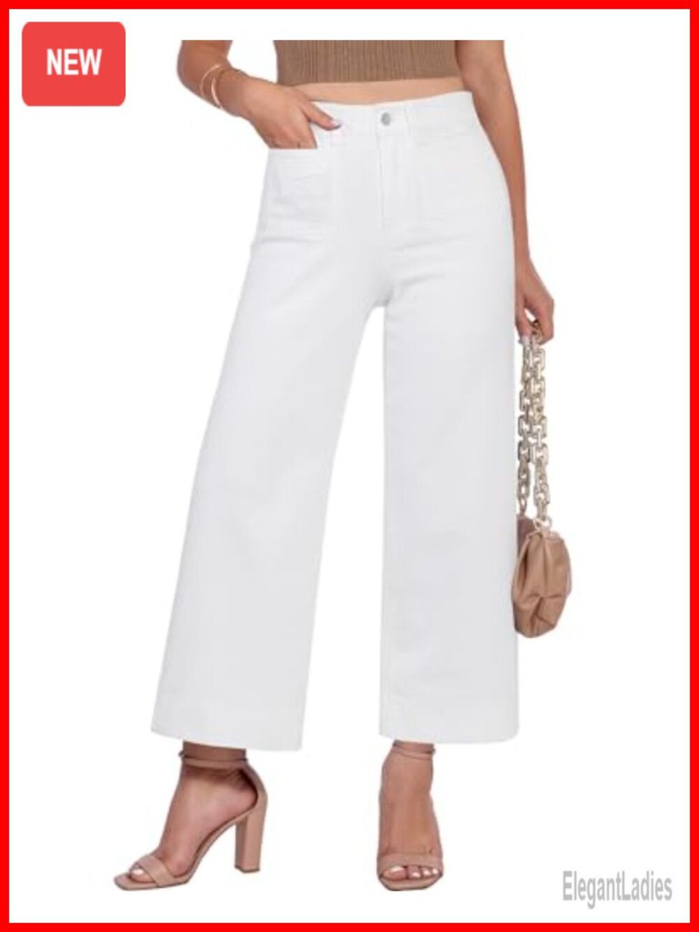 High Waisted Wide Leg Cropped Jeans, Stretchy Denim, Patch Pockets